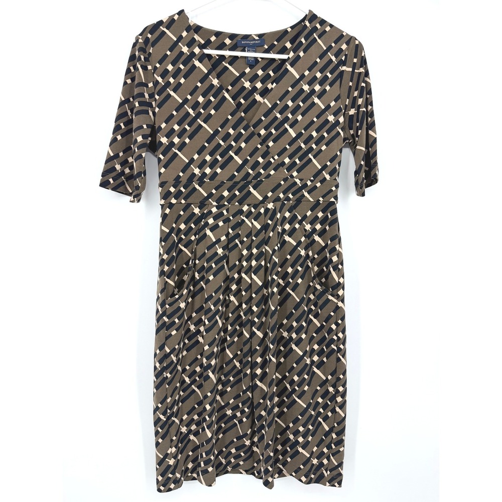 Banana Republic Womens Geometric Print Faux Wrap Dress Brown Black V-Neck Small